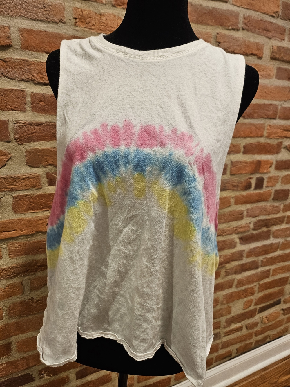 Spiritual Gangster White Tie-Dye Muscle Tank with Pink Blue Yellow Arc